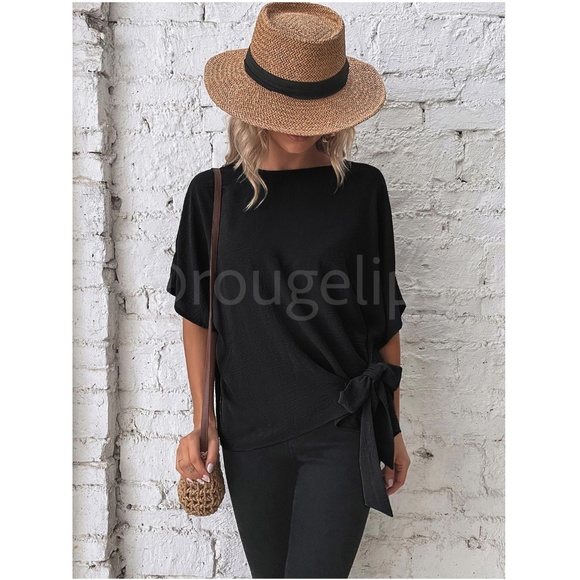 Side Tie Black Blouse Top Flowy Batwing Sleeve Relaxed Fit - Picture 6 of 7